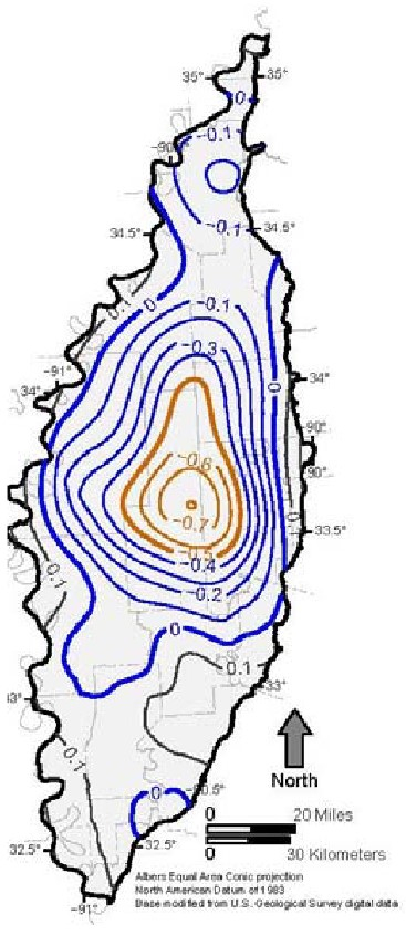 contours of 1981-2022 water level trends in the
				Mississippi River Valley Alluvial Aquifer across the Delta