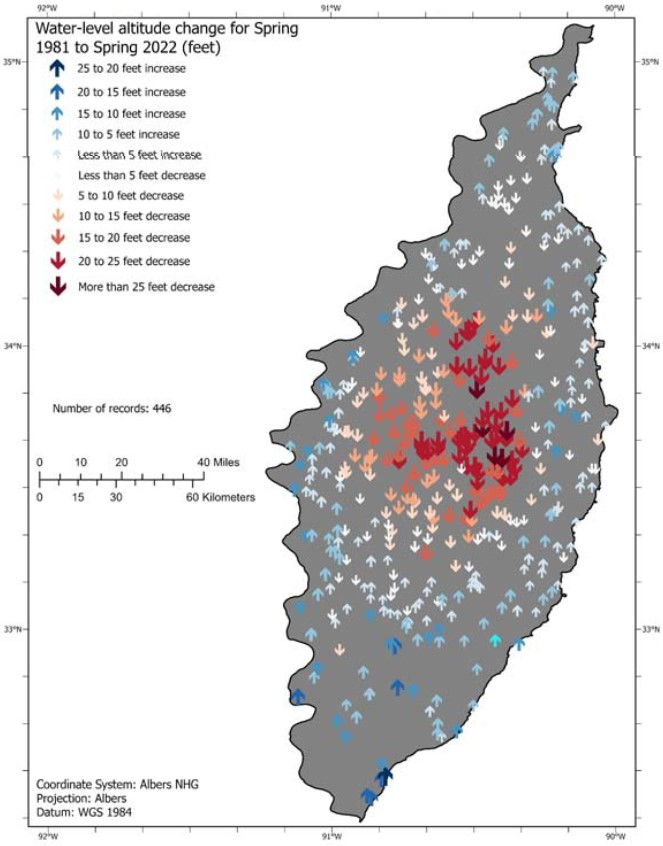 changes in water level at measured wells from
				spring 1981 to spring 2022 across the Delta