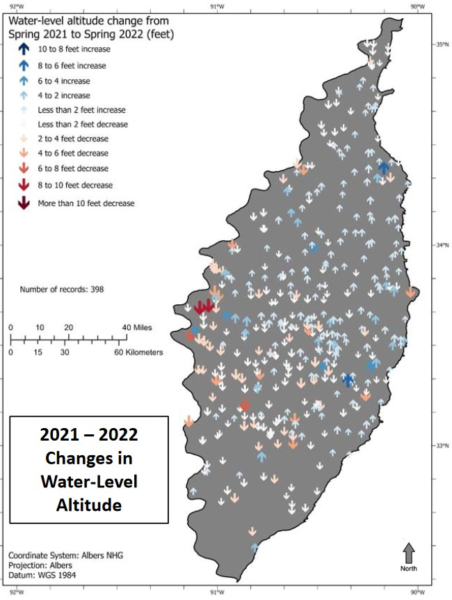 changes in water level at measured wells from
				spring 2021 to spring 2022 across the Delta