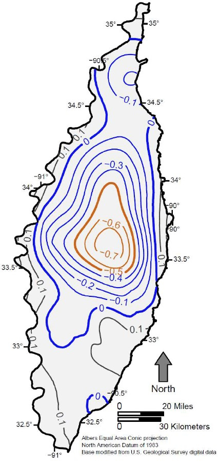 contours of 1981-2023 water level trends in the
		Mississippi River Valley Alluvial Aquifer across the Delta