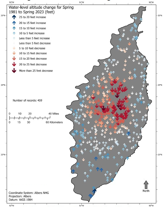 changes in water level at measured wells from
		spring 1981 to spring 2023 across the Delta